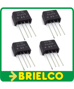 RS205 PUENTE RECTIFICADOR MONOFASICO 600V 2A TERMINALES 0.8MM 4 UNIDADES BD11246